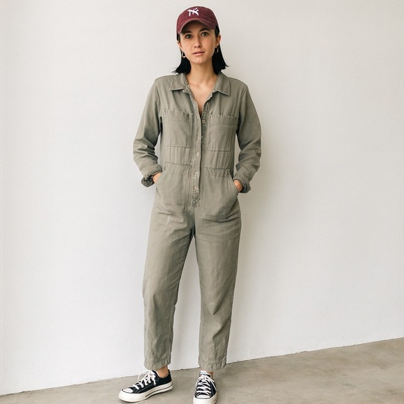 Ilana Kohn Tia Coveralls Womens 0 Gray Cotton Long Sleeve Button Front Utility - Picture 1 of 11